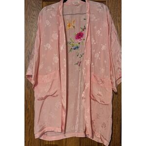 Golden Bee Pink Embroidered vintage Robe Kimono Bird Floral All Rayon Size S